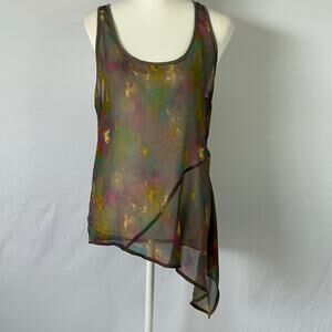 Hang Ten Sheer Tank Top L Abstract Asym Hem Y2K Surf Artsy Layered